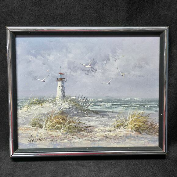 Original Oil Painting Beach Lighthouse Signed Gordon 8' x 10' Wooden Art - Picture 1 of 12